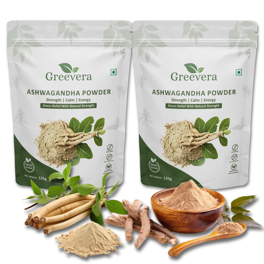 GREEVERA Ashwagandha Root Powder | Stress Relief, Energy & Calm | Herbal Adaptogen for Strength & Focus | 100% Natural, Vegan, Gluten-Free, Non-GMO 250 gm (Pack of 2X125 gm).