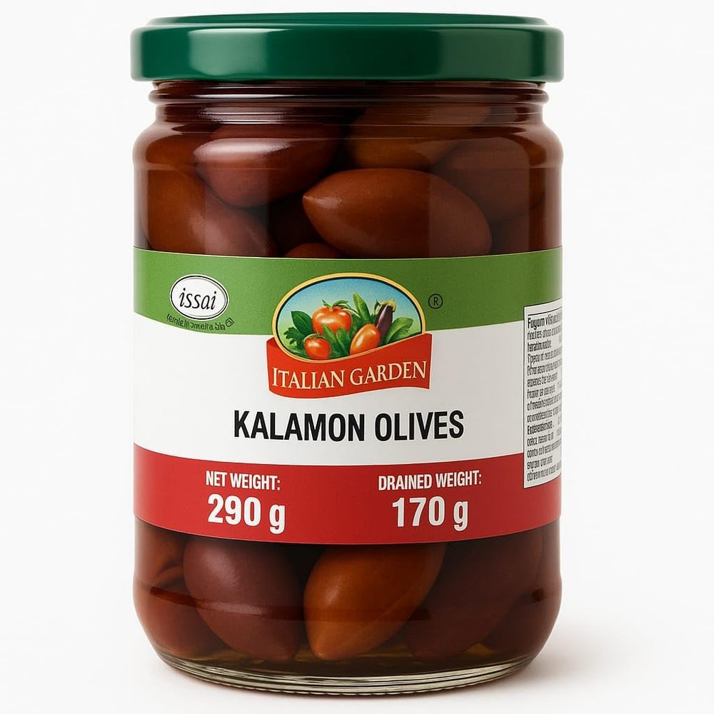 Italian Graden Kalamon Olives, Kalamata Style, Premium Mediterranean, Whole Form, 290g Container, Vegetarian