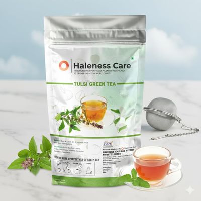 Haleness Care Tulsi Green Blend | Natural Herbal Infusion for Refreshing Wellness | Includes FREE Stainless Steel Infuser & FREE Diet Plan | 60g Loose Leaves Pack | 60 Cups Pack of 1