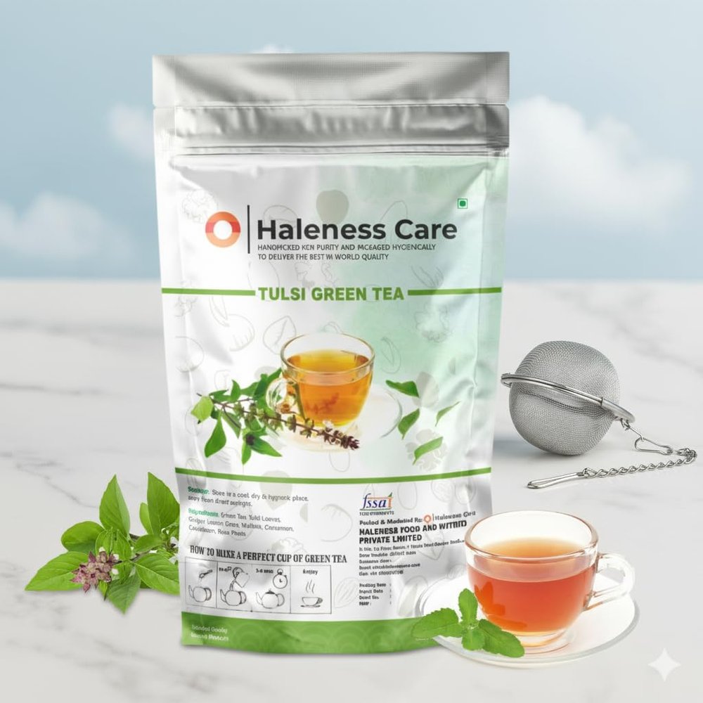 Haleness Care Tulsi Green Blend | Natural Herbal Infusion for Refreshing Wellness | Includes FREE Stainless Steel Infuser & FREE Diet Plan | 60g Loose Leaves Pack | 60 Cups Pack of 1