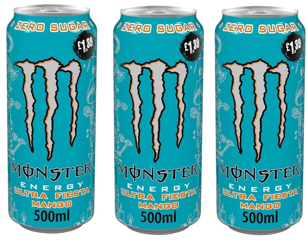 Monster Energy Drink Ultra Fiesta Mango Zero Sugar Energy Drink, 500ml Can, Pack of 3 (Product Of USA)