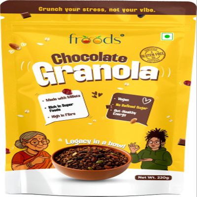 Froods Chocolate Granola 220g | Vegan & Gluten Free | Made with Millets | Kakvi-Sweetened Real Cocoa | No Palm Oil | Superfood Mix with Ragi & Bajra Flakes, Seeds, Berries & Almonds | 220g Pack Of 1