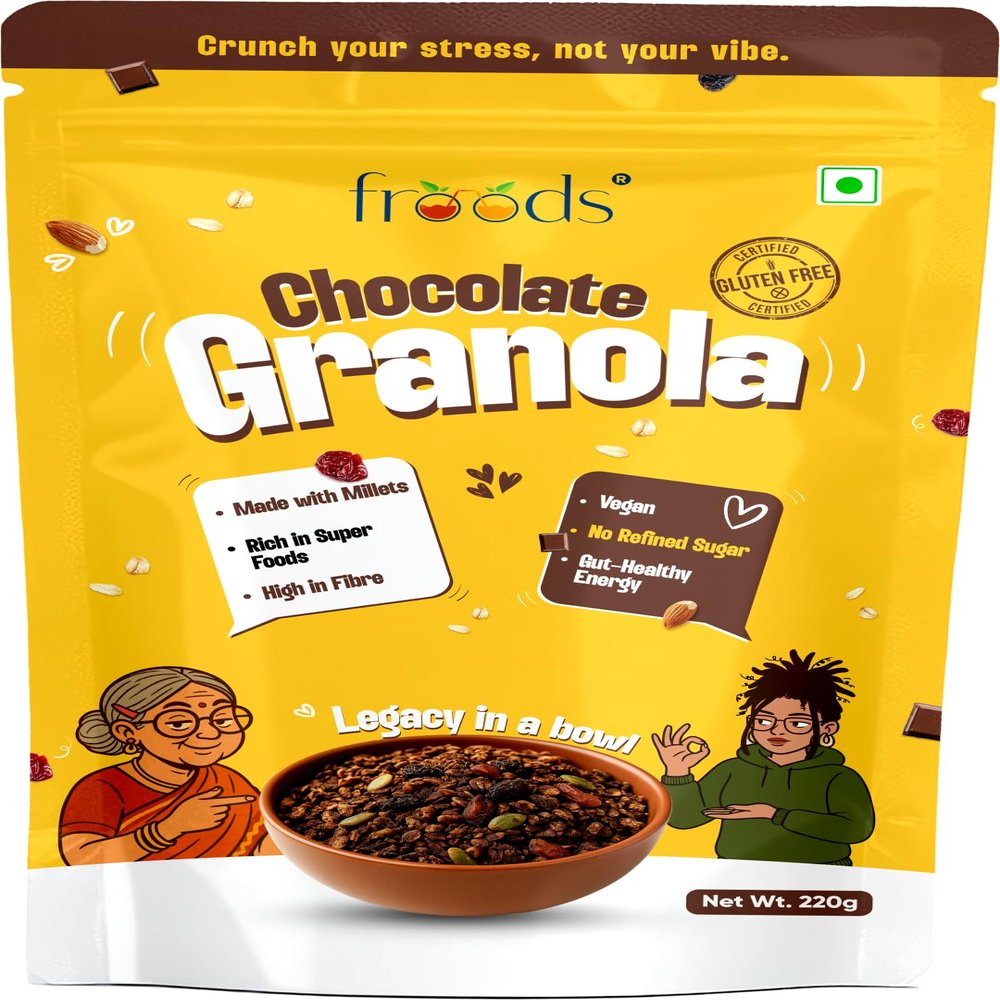 Froods Chocolate Granola 220g | Vegan & Gluten Free | Made with Millets | Kakvi-Sweetened Real Cocoa | No Palm Oil | Superfood Mix with Ragi & Bajra Flakes, Seeds, Berries & Almonds | 220g Pack Of 1
