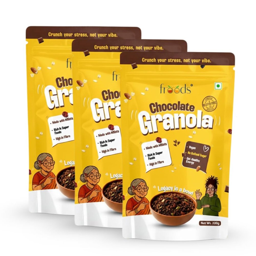 Froods Chocolate Granola 220g | Vegan & Gluten Free | Made with Millets | Kakvi-Sweetened Real Cocoa | No Palm Oil | Superfood Mix with Ragi & Bajra Flakes, Seeds, Berries & Almonds | 220g (Pack Of 3)