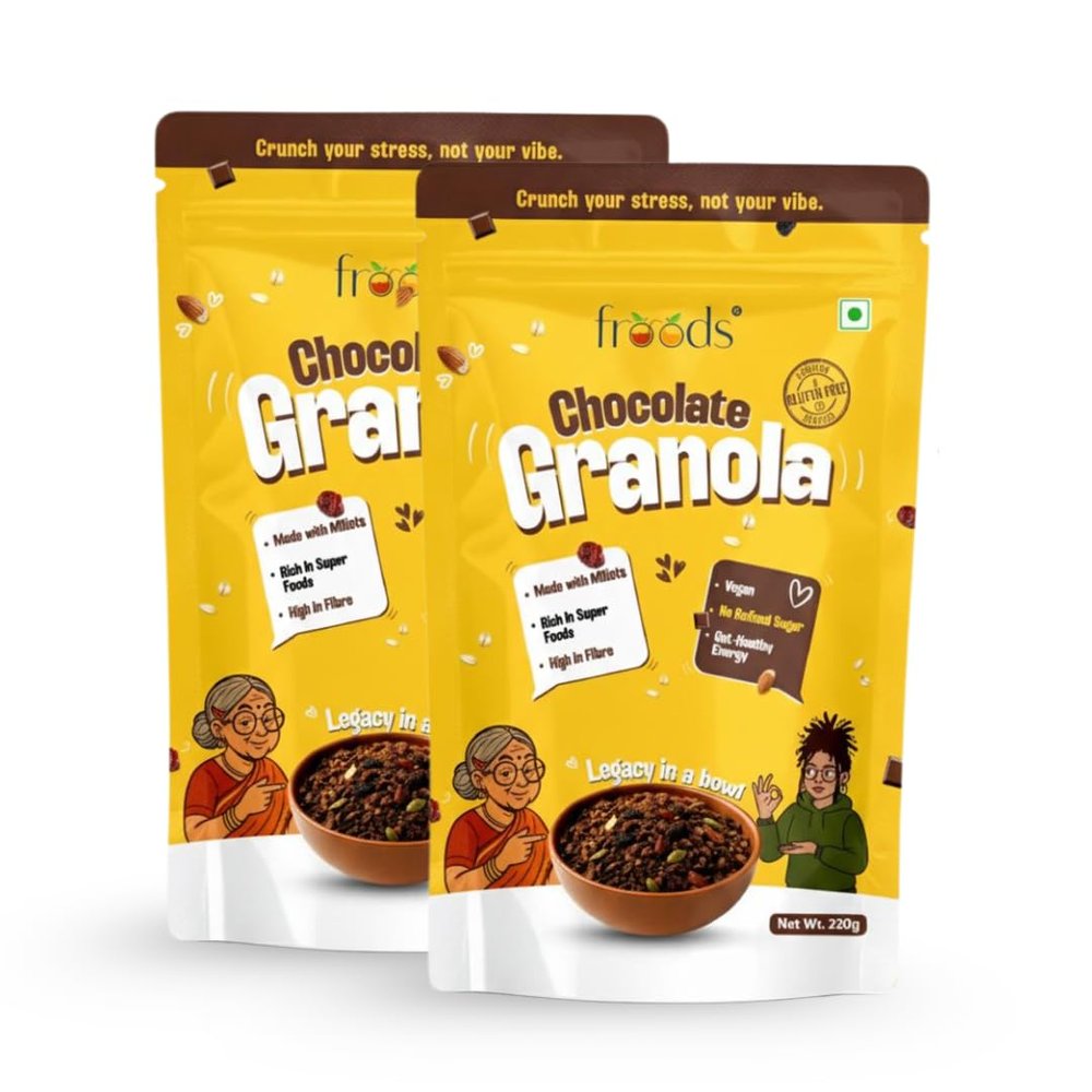 Froods Chocolate Granola 220g | Vegan & Gluten Free | Made with Millets | Kakvi-Sweetened Real Cocoa | No Palm Oil | Superfood Mix with Ragi & Bajra Flakes, Seeds, Berries & Almonds | 220g (Pack Of 2)