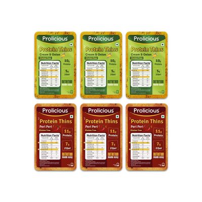 Prolicious Gluten free Thins Combo| High Protein & High fiber | Healthy Snacks | No Palm Oil | Cream & Onion and Peri Peri (50g Each, Pack of 3)
