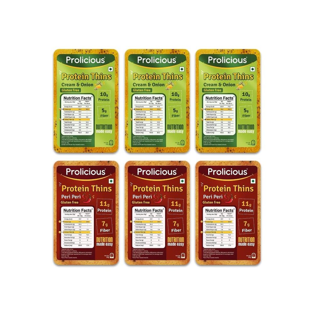 Prolicious Gluten free Thins Combo| High Protein & High fiber | Healthy Snacks | No Palm Oil | Cream & Onion and Peri Peri (50g Each, Pack of 3)