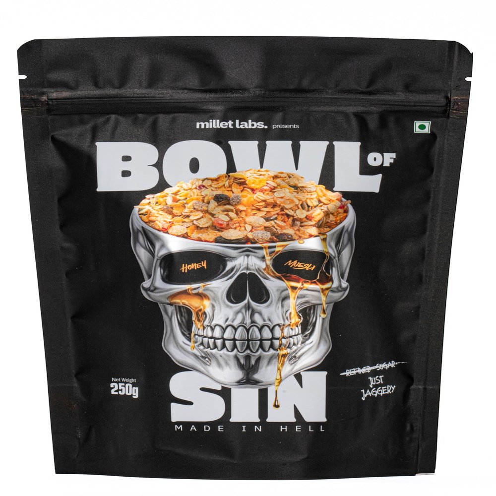 Bowl Of Sin Honey Muesli Premium Millet Mix | Crunchy High-Fibre Breakfast Cereal with Nuts & Seeds | Naturally Sweetened with 100% Jaggery 250g Resealable Pack