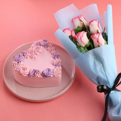 FlowerAura Premium Combo of Fresh Live 3 Pink Roses Flower Bouquet With Delicious 500g Heart Shape Choco Cake For Birthday | Anniversary | Valentine's Day | New Year | Christmas (Same Day Delivery)