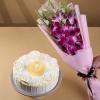 FlowerAura Premium Combo of Fresh Live 3 Purple Flower Bouquet With Delicious 500g Pineapple Cake For Birthday | Anniversary | Valentine's Day | New Year | Christmas (Same Day Delivery) view 1
