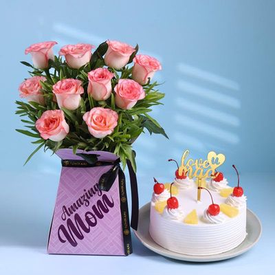 FlowerAura Premium Combo of Fresh Live 12 Pink Roses Flower Bouquet In Box With 500g Pineapple Cake For Mother's Day Surprise & Birthday Gift For Mom | Mother | Maa | Mother-In-Law(Same Day Delivery)