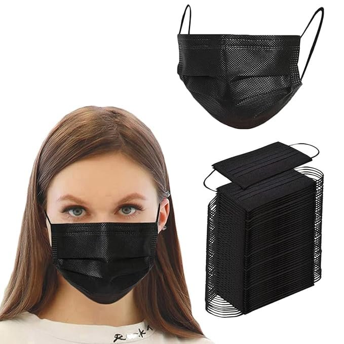 Disposable Face Masks, 3-Ply, Pack of 100, with Nose Clip and Elastic Ear Loops for Adults (Black)