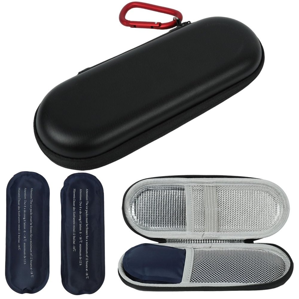 HANNEA Insulin Cooler Travel Case Hard EVA Shell Compact Portable Cold Storage Box Small Ice Box for Travelling with Carabiner, 2 Ice Packs, 20.5x7x4.5 cm, Reliable Insulin Travel Case