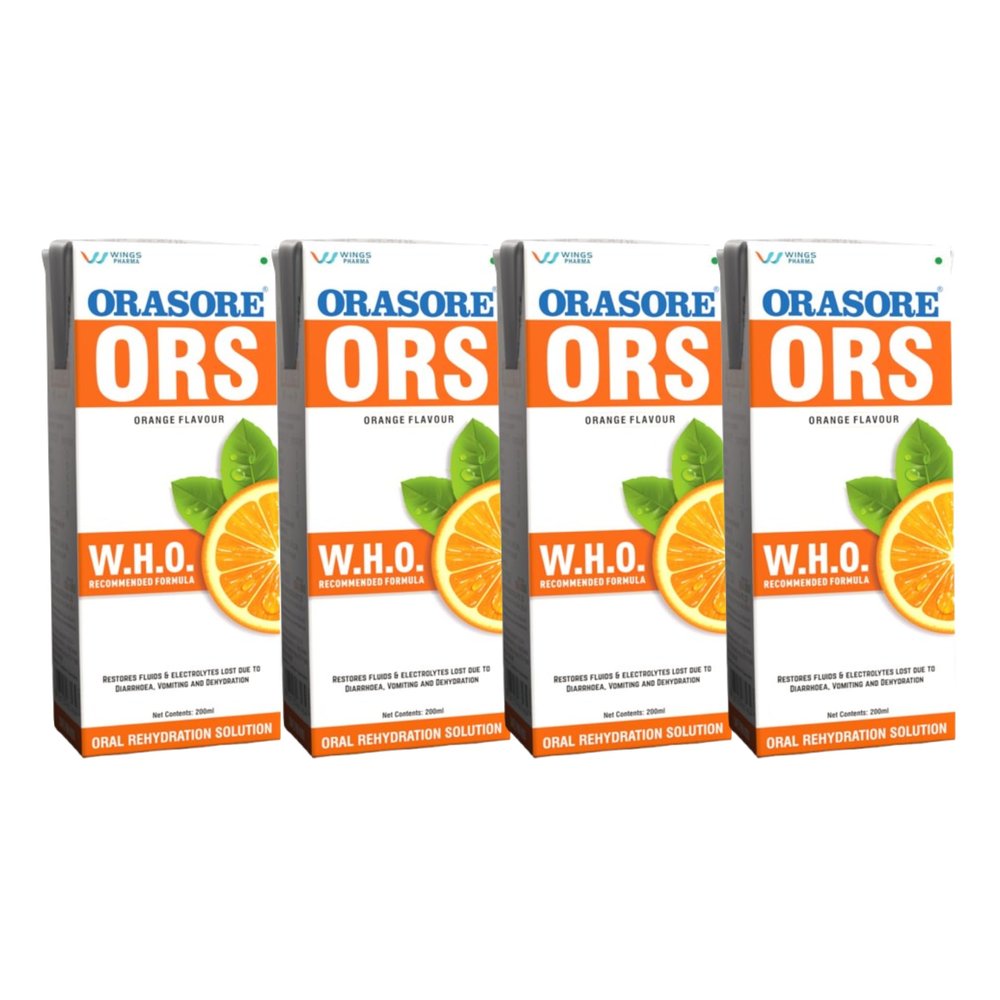 Orasore ORS Ready to Drink Oral Rehydration Solution | Vital Electrolytes for Instant Hydration | Helps Restore Fluids Lost Due to Heat, Sweating, Loose Motion & Vomiting | WHO Formula | Orange Flavour (Pack of 4)