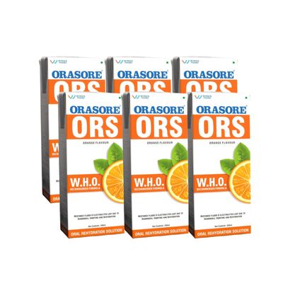Orasore ORS Ready to Drink Oral Rehydration Solution | Vital Electrolytes for Instant Hydration | Helps Restore Fluids Lost Due to Heat, Sweating, Loose Motion & Vomiting | WHO Formula (Pack of 6, Orange)