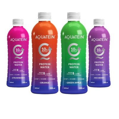 Aquatein 10g Whey Protein Water  Fruity Essentials Pack | Strawberry, Orange, Green Apple & Mixed Berry | 300ml Ready-to-Drink Protein Beverage | Low Calorie | Light & Refreshing Protein Drink (Pack of 12)