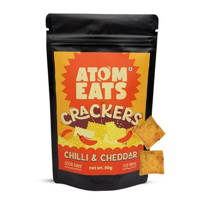 Atom Eats Chilli & Cheddar Crackers - 60g (Pack of 1) | Baked Cheddar Cheese Crackers with a Chilli Kick | Light & Crunchy Snacks, Perfect for Travel, Parties, Movies - Chatpata Flavor, Ideal for Namkeen Lovers - Snack Pouch | Imported Quality |