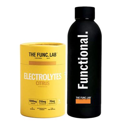 The Func. Lab Daily Electrolytes with Steel Bottle | Citrus,30 Sachets | Sugar-Free Hydration with Sodium, Potassium & Magnesium | Instant Energy, Performance & Recovery Supplement