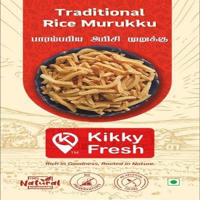 Kikky Fresh Traditional Rice Murukku, Authentic Tamil Nadu Snack, 100% Natural Ingredients, No Preservatives, No Artificial Colors, 200g