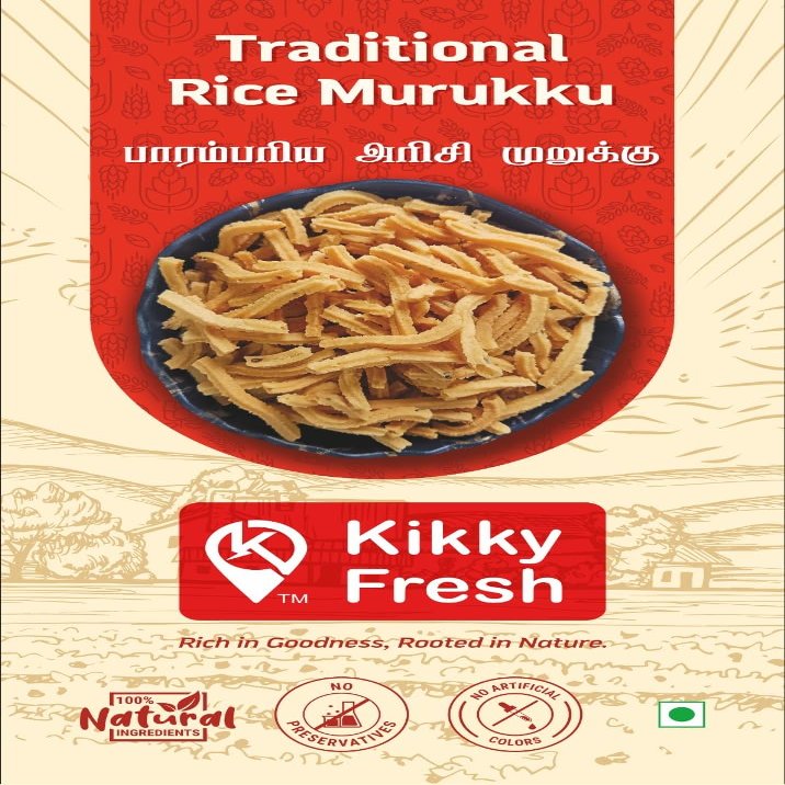 Kikky Fresh Traditional Rice Murukku, Authentic Tamil Nadu Snack, 100% Natural Ingredients, No Preservatives, No Artificial Colors, 200g