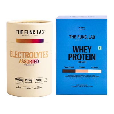 The Func. Lab Whey Protein Isolate Travel Pack (6 35g Sachets) + Daily Electrolytes Assorted (30 Sachets) | 2930g Grass-Fed Protein | Sugar-Free Hydration, Performance & Recovery Drink Combo