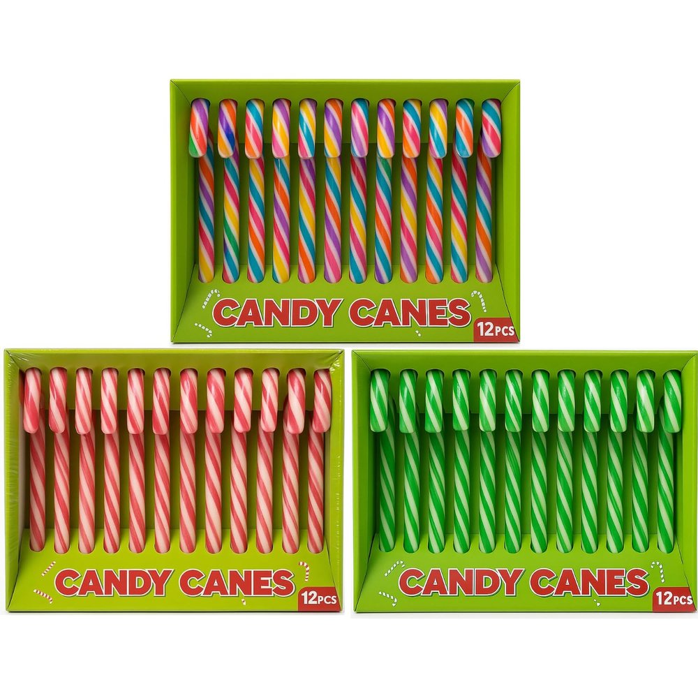 Christmas Candy Canes By COUGAR Trio Pack | Rainbow, Mixed Fruit & Peppermint Flavours | 36pcs Total (3 Boxes of 12) | Fun Colourful Christmas Candy for Decorations, Snacking, Party Favors, Hot Chocolate Topping & Holiday Gifting | Individually Wrap