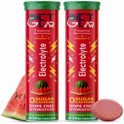 DIET GEAR Electrolyte | Zero Sugar, Zero Caffeine | 7 essential electrolytes + Vitamin C | For Pre & Post Workout | Pack of 2 | 2 * 20 servings, Watermelon Flavor