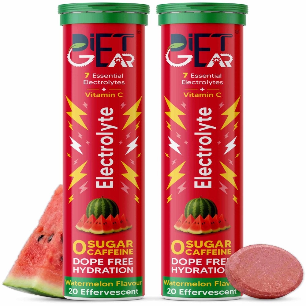 DIET GEAR Electrolyte | Zero Sugar, Zero Caffeine | 7 essential electrolytes + Vitamin C | For Pre & Post Workout | Pack of 2 | 2 * 20 servings, Watermelon Flavor