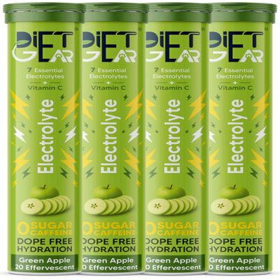 DIET GEAR Electrolyte | Zero Sugar, Zero Caffeine | 7 essential electrolytes + Vitamin C | For Pre & Post Workout | Pack of 2 | 4 * 20 servings, Green apple Flavor