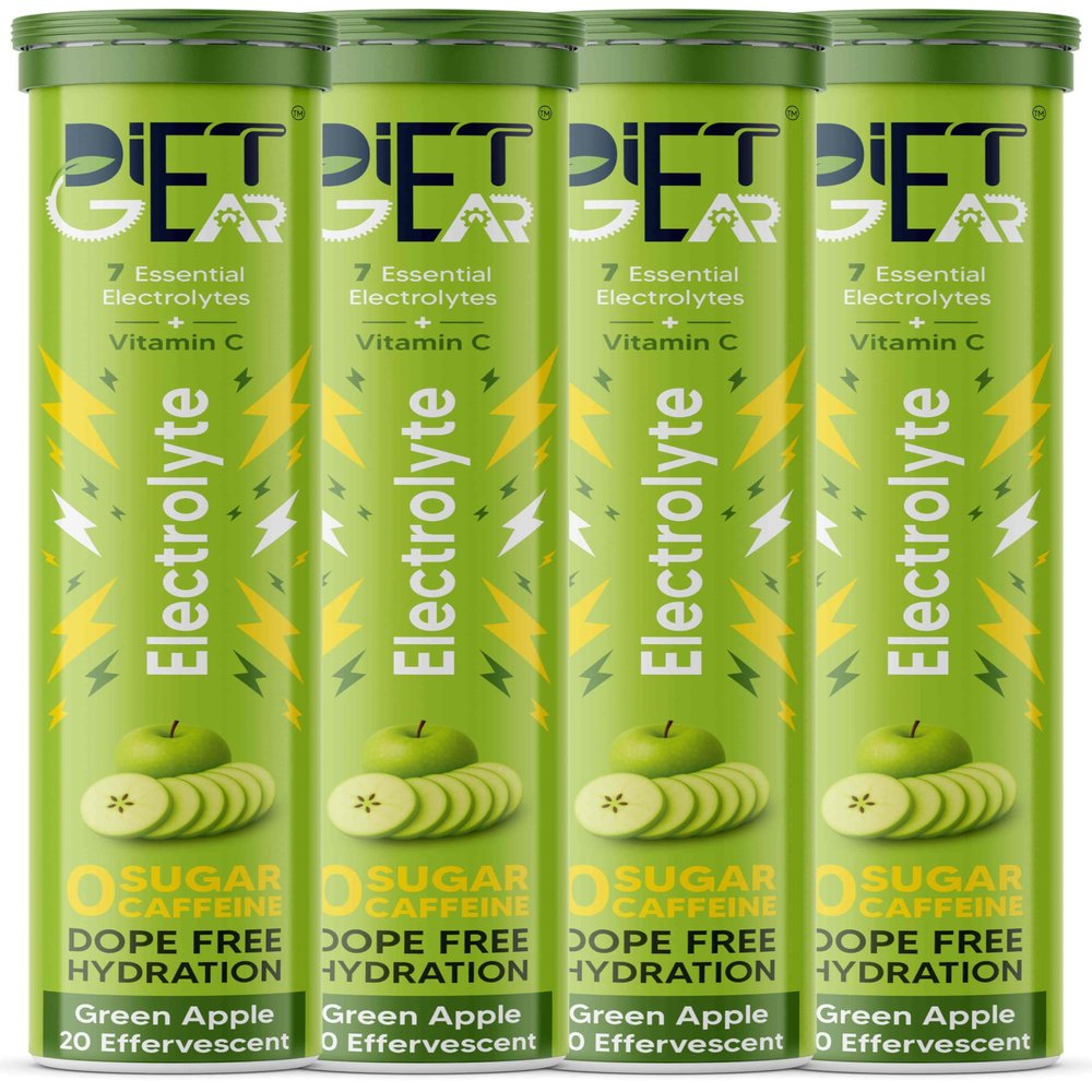 DIET GEAR Electrolyte | Zero Sugar, Zero Caffeine | 7 essential electrolytes + Vitamin C | For Pre & Post Workout | Pack of 2 | 4 * 20 servings, Green apple Flavor