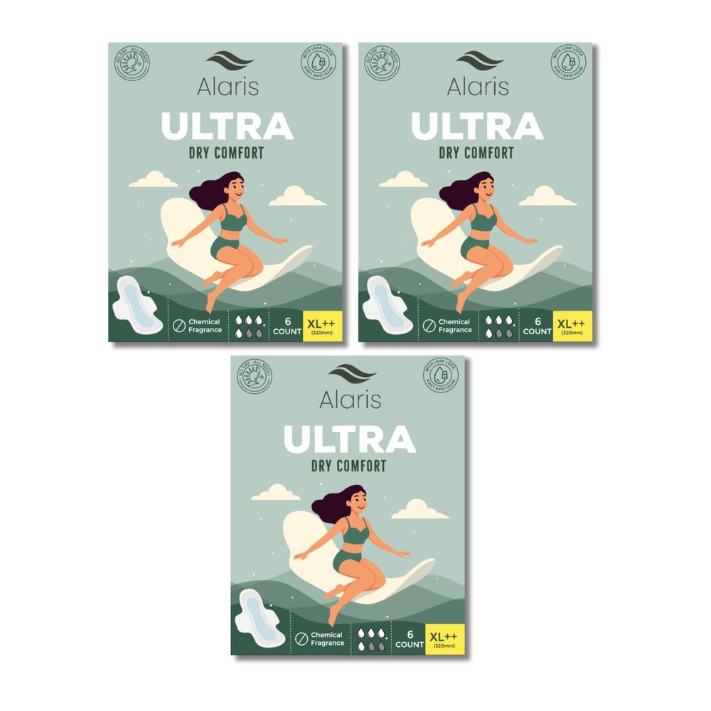 Alaris Ultra Thin XXL Sanitary Pads (18 Pads, 320mm) Cottony Soft, 6-Layer Deep Absorption for Heavy Flow, Skin Protection, Silky Soft Comfort for Women