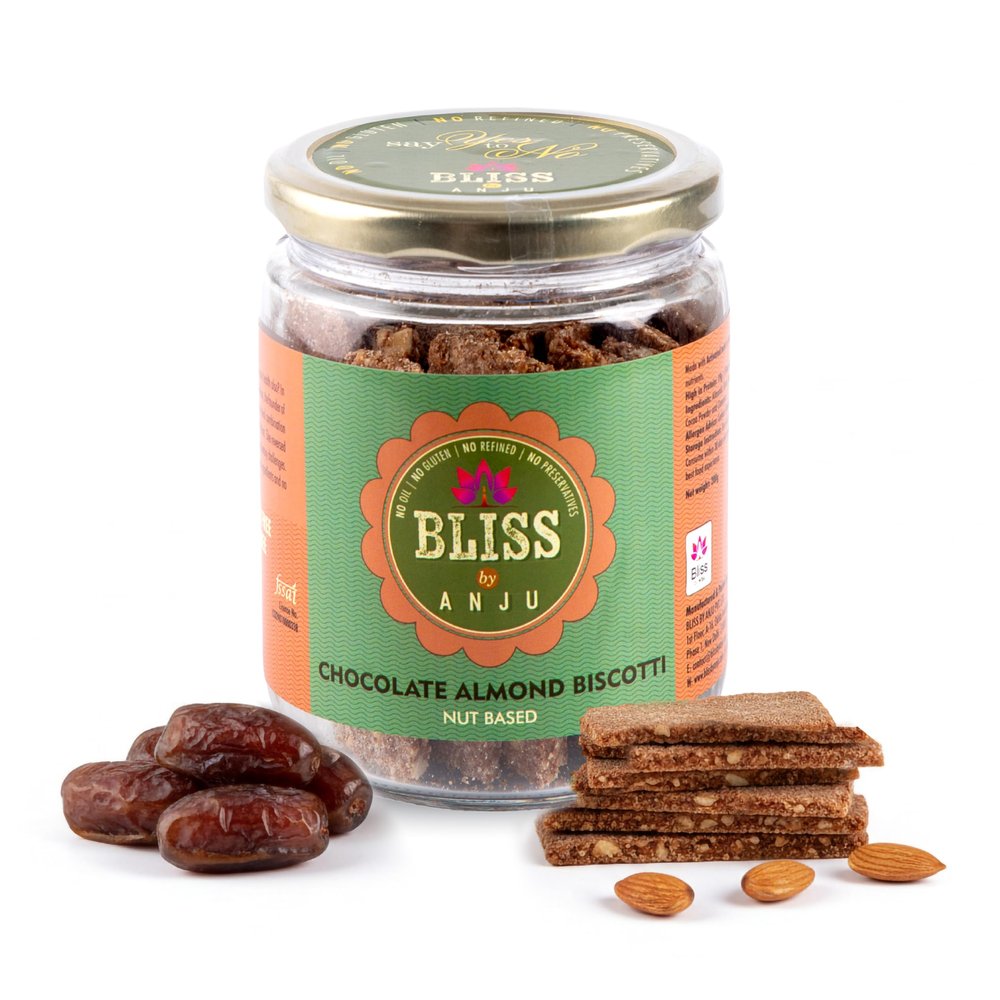 Bliss by Anju Chocolate Almond Biscotti 200g | Contains 38g Protein Per Pack | Activated Almonds & Premium Cocoa | Baked, Gluten-Free | Rich in Fibre & Healthy Fats | Wholesome Crunchy Snack