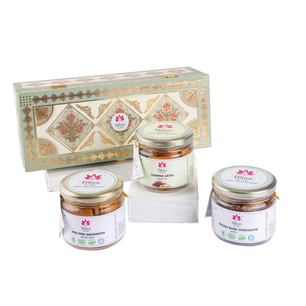 Bliss by Anju 3-Set Gift Box | 100% Plant-Based Gourmet Snacks | Dairy-Free, Gluten-Free, No Refined Sugar | Baked, Oil-Free, High-Fibre Assortment | Premium Healthy Gifting