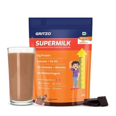 Gritzo SuperMilk Growth+ (10-12y Girls), 12g Protein Powder (Double Chocolate, 800g) | Zero Refined Sugar, 20 Vitamins & Minerals