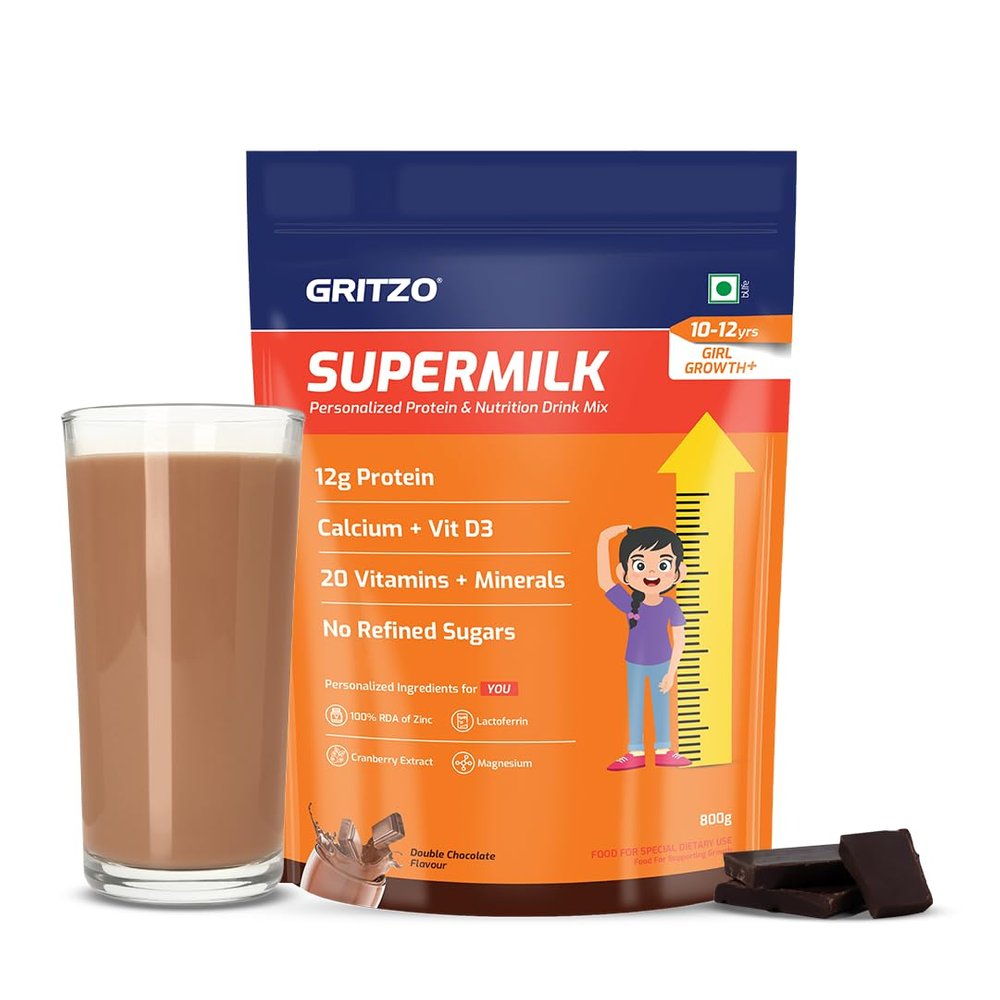 Gritzo SuperMilk Growth+ (10-12y Girls), 12g Protein Powder (Double Chocolate, 800g) | Zero Refined Sugar, 20 Vitamins & Minerals