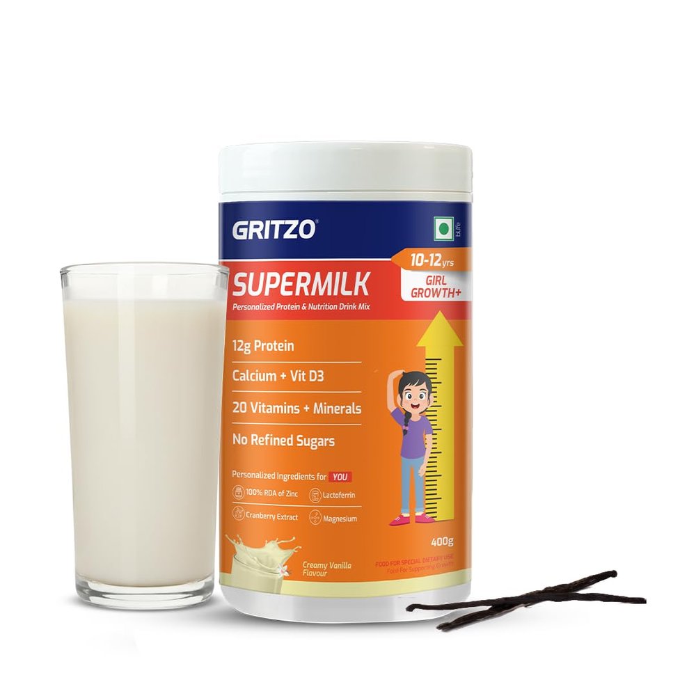 Gritzo SuperMilk Growth+ (10-12y Girls), 12g Protein Powder (Creamy Vanilla, 400g) | Zero Refined Sugar, 20 Vitamins & Minerals