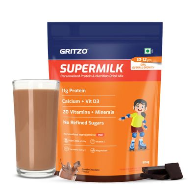 Gritzo SuperMilk Overall Growth (10-12y Girls), 11g Protein Powder (Double Chocolate, 800g) | Zero Refined Sugar, 20 Vitamins & Minerals