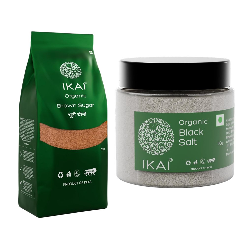 IKAI Organic Brown Sugar (Single Packet) + Natural Black Salt (Kala Namak) (Single Pack) | Assorted Weights | (Combo Pack)