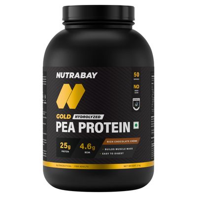 NUTRABAY Gold 100% Pea Protein Powder - 2kg, Rich Chocolate Crme | 25g Protein, 4.6g BCAA, 5g Fiber | Complete Amino Profile | Tastiest & Smoothest Vegan, Plant Protein | Muscle Gain & Fast Recovery