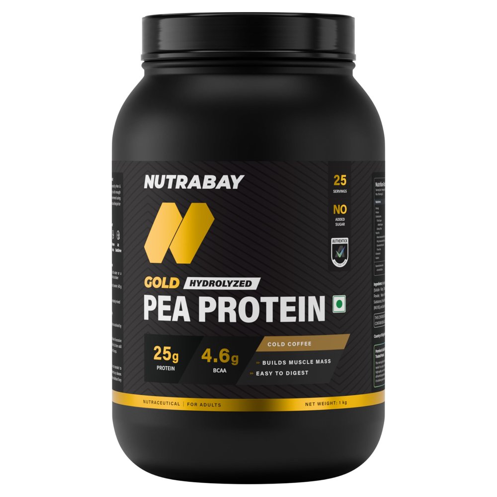 NUTRABAY Gold 100% Pea Protein Powder - 1kg, Cold Coffee | 25g Protein, 4.6g BCAA, 5g Fiber | Complete Amino Profile | Tastiest & Smoothest Vegan, Plant Protein | Muscle Gain & Fast Recovery