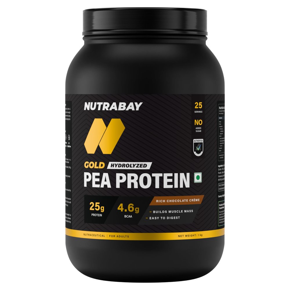 NUTRABAY Gold 100% Pea Protein Powder - 1kg, Rich Chocolate Crme | 25g Protein, 4.6g BCAA, 5g Fiber | Complete Amino Profile | Tastiest & Smoothest Vegan, Plant Protein | Muscle Gain & Fast Recovery