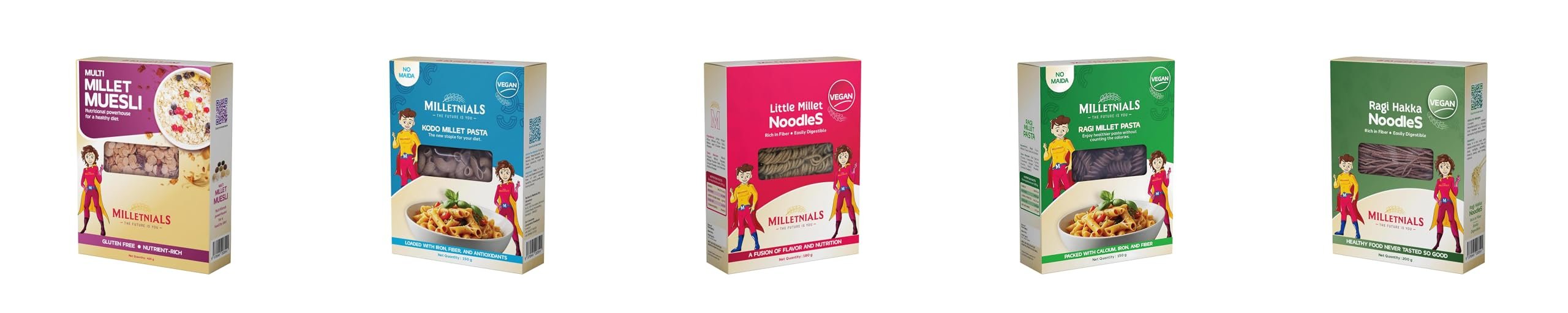 MILLETNIALS Combo Pack of Multi-Millet-Muesli 425g, Kodo-Millet-Pasta 150g, Little-Millet-Noodles 180g, Ragi-Millet-Pasta 150g and Ragi-Millet-Hakka-Noodles 200g