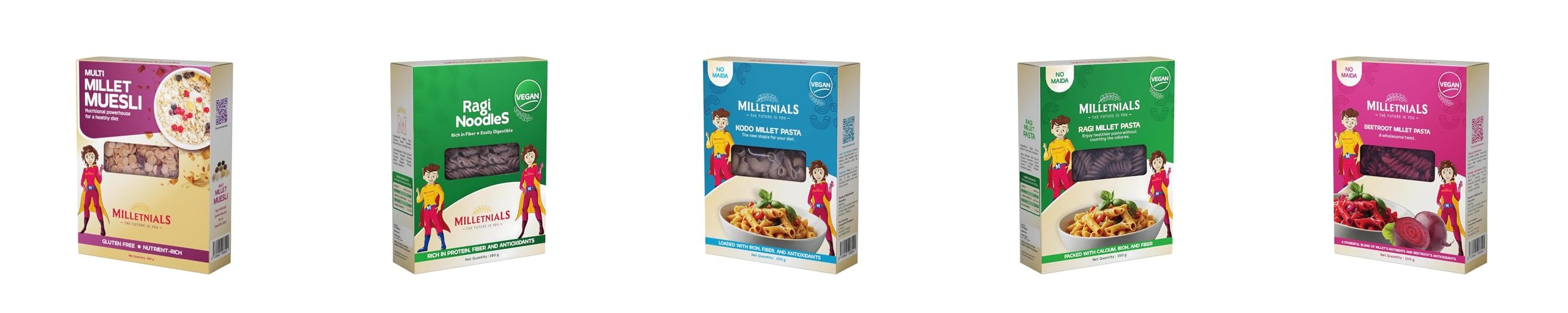 MILLETNIALS Combo Pack of Multi-Millet-Muesli 425g, Ragi-Millet-Noodles 180g, Kodo-Millet-Pasta 150g, Ragi-Millet-Pasta 150g and Beetroot-Millet-Pasta 150g