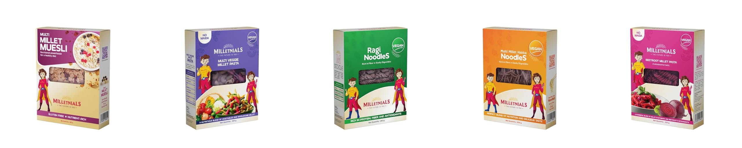 MILLETNIALS Combo Pack of Multi-Millet-Muesli 425g, Multi-Veggie-Millet-Pasta 150g, Ragi-Millet-Noodles 180g, Multi-Millet-Hakka-Noodles 200g and Beetroot-Millet-Pasta 150g