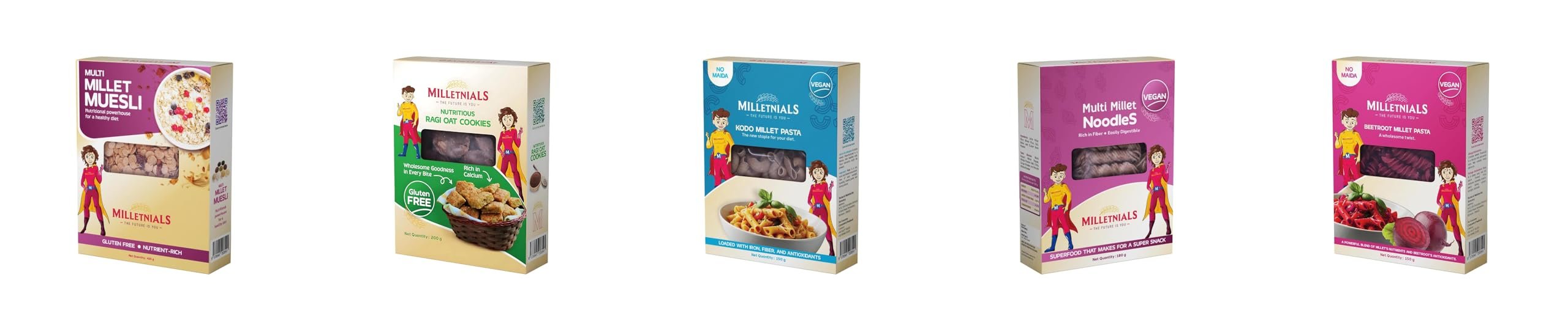 MILLETNIALS Combo Pack of Multi-Millet-Muesli 425g, Ragi-Millet-Oats-Cookies 200g, Kodo-Millet-Pasta 150g, Multi-Millet-Noodles 180g and Beetroot-Millet-Pasta 150g