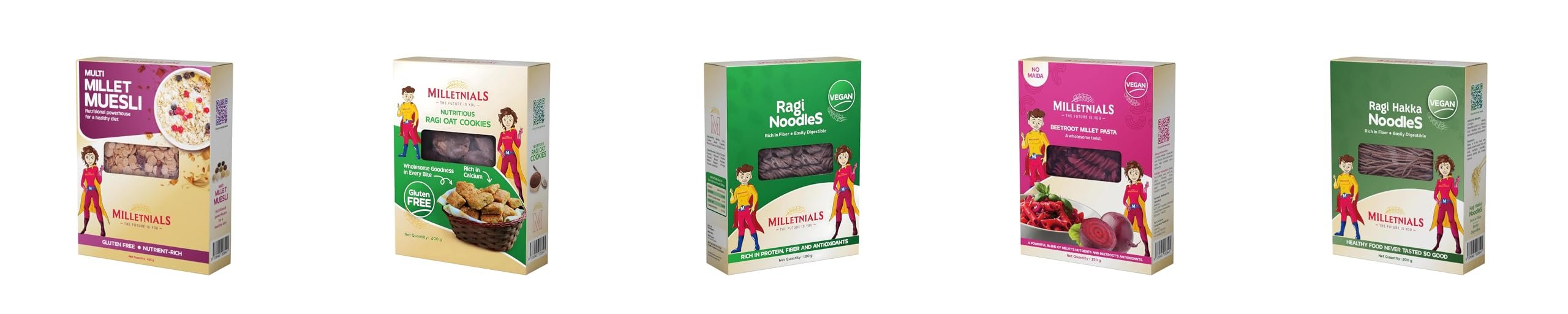 MILLETNIALS Combo Pack of Multi-Millet-Muesli 425g, Ragi-Millet-Oats-Cookies 200g, Ragi-Millet-Noodles 180g, Ragi-Millet-Hakka-Noodles 200g and Beetroot-Millet-Pasta 150g
