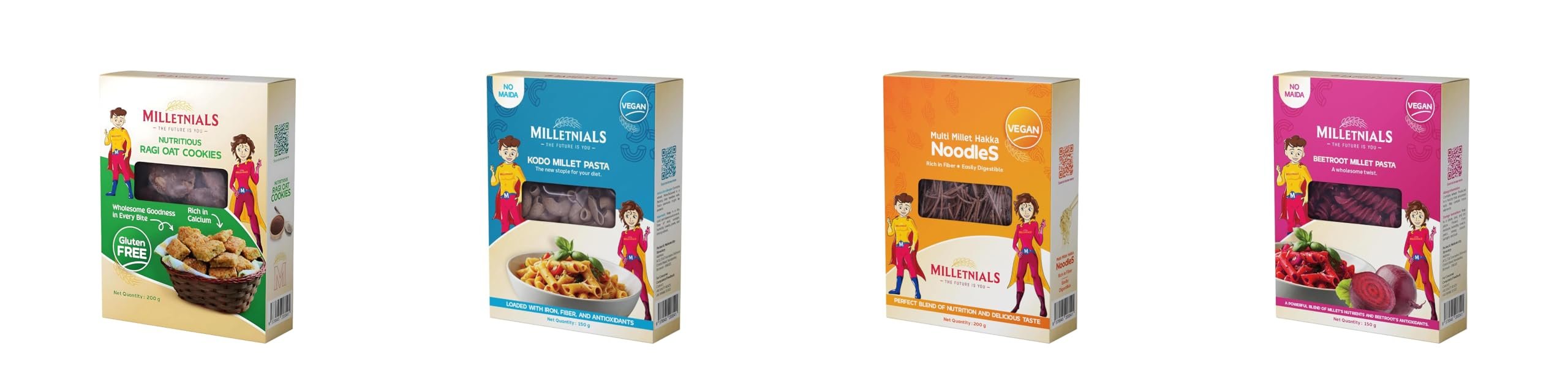 MILLETNIALS Combo Pack of Ragi-Millet-Oats-Cookies 200g, Kodo-Millet-Pasta 150g, Multi-Millet-Hakka-Noodles 200g and Beetroot-Millet-Pasta 150g