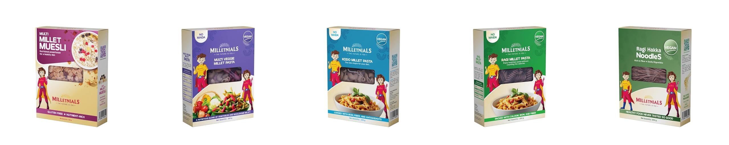 MILLETNIALS Combo Pack of Multi-Millet-Muesli 425g, Multi-Veggie-Millet-Pasta 150g, Kodo-Millet-Pasta 150g, Ragi-Millet-Pasta 150g and Ragi-Millet-Hakka-Noodles 200g
