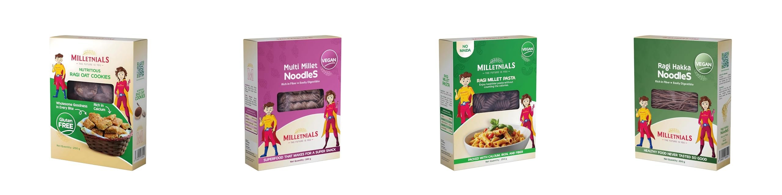 MILLETNIALS Combo Pack of Ragi-Millet-Oats-Cookies 200g, Multi-Millet-Noodles 180g, Ragi-Millet-Pasta 150g and Ragi-Millet-Hakka-Noodles 200g