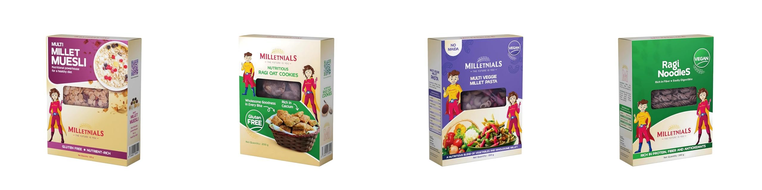 MILLETNIALS Combo Pack of Multi Millet Muesli 425g, Ragi Millet Oats Cookies 200g, Multi Veggie Millet Pasta 150g and Ragi Millet Noodles 180g